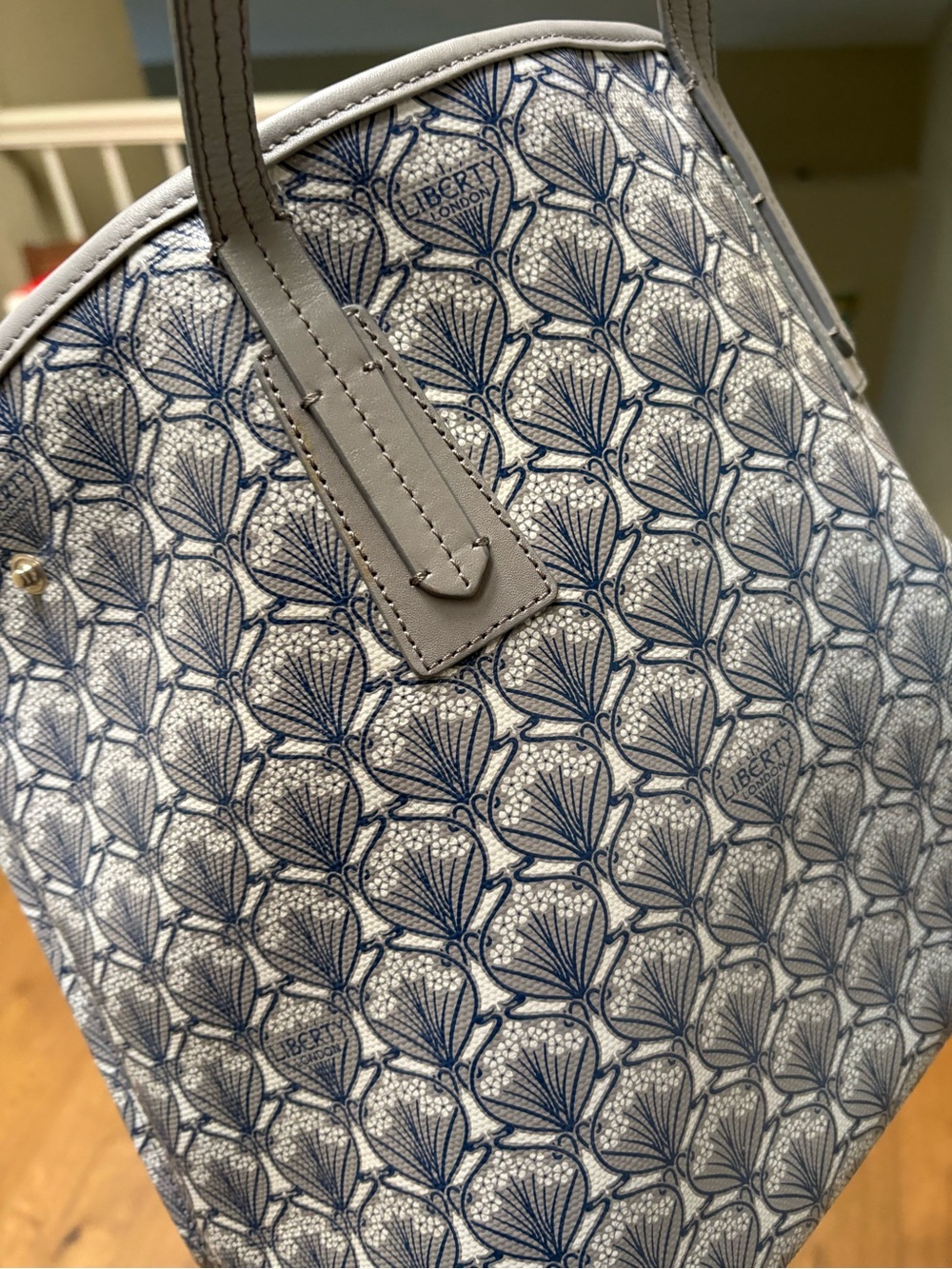Liberty of London Iphis Gray Pattern Tote with Navy Pattern and Purple Interior - Picture 7 of 12